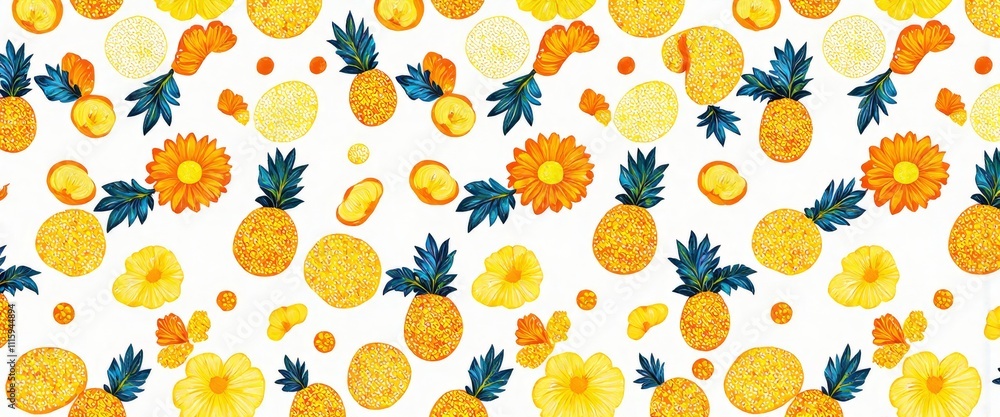 Poster a pattern of yellow pineapples and flowers. the pineapples are scattered throughout the image, with 