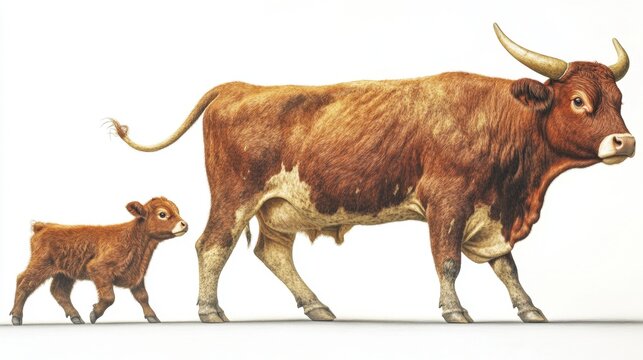 A realistic depiction of a cow and its calf walking together.
