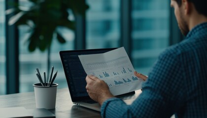 Obraz premium Professional Man Analyzing Financial Reports on Laptop in Office
