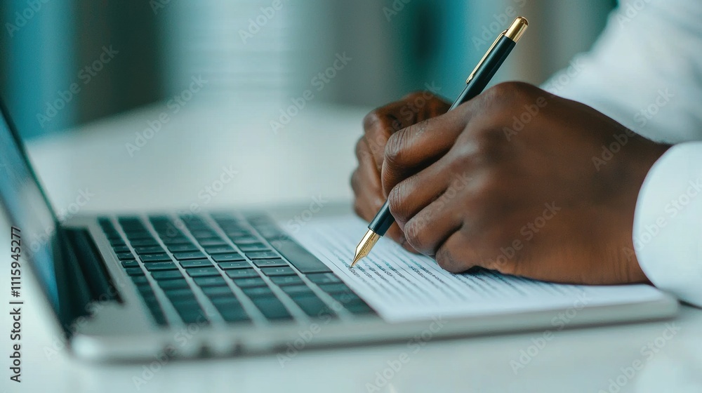 Poster writing notes on a laptop with a pen in a modern workspace