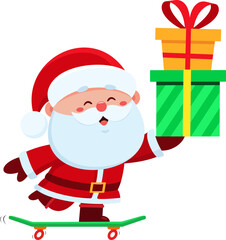 Cute Santa Claus Cartoon Character Rides Skateboard Delivering Christmas Gifts