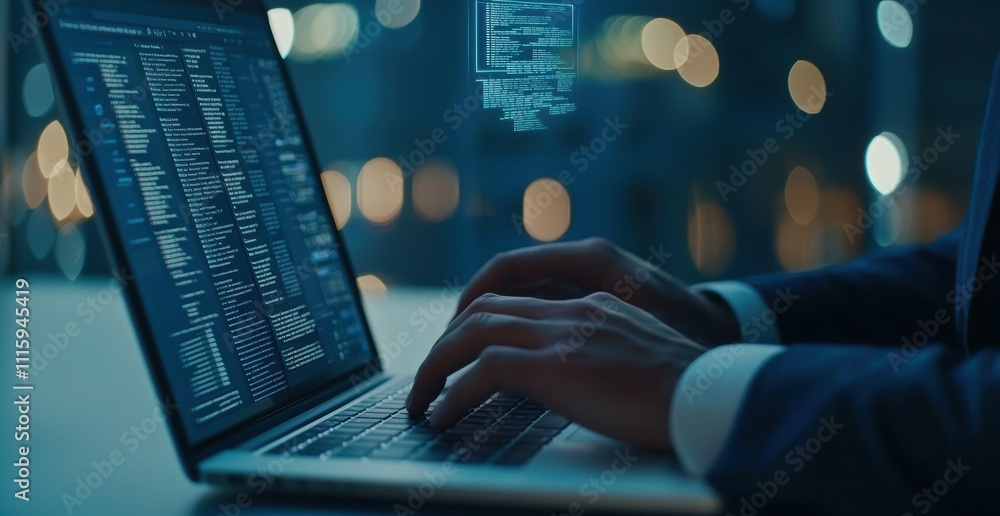 Poster professional developer working on a laptop with blurred background