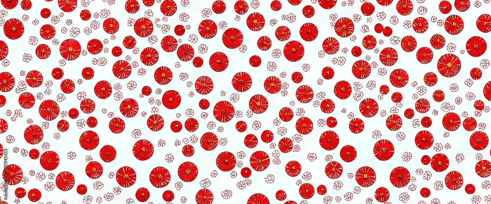 Poster a red and white pattern of umbrellas. the umbrellas are red and white and are scattered throughout t