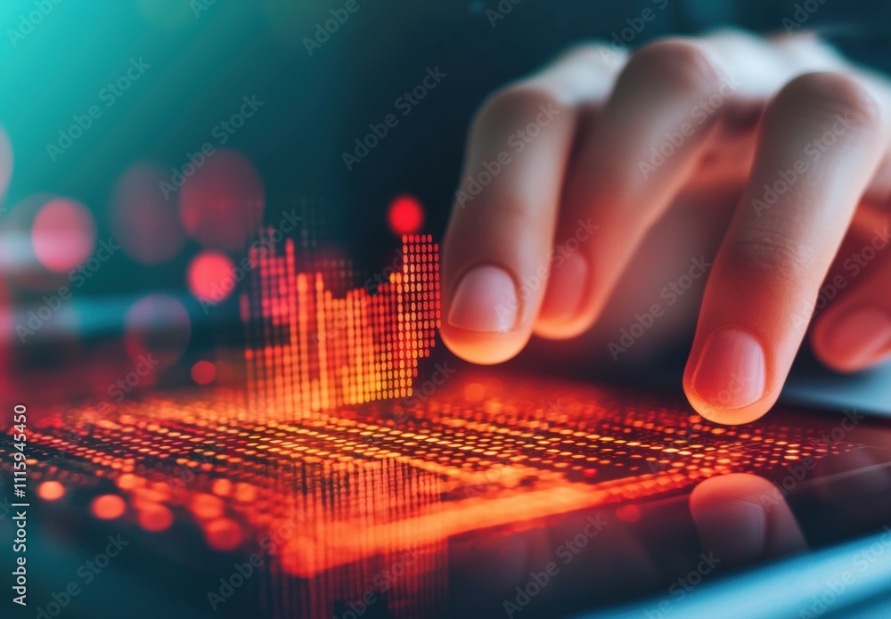 Poster hand touching digital screen with colorful data visualization elements