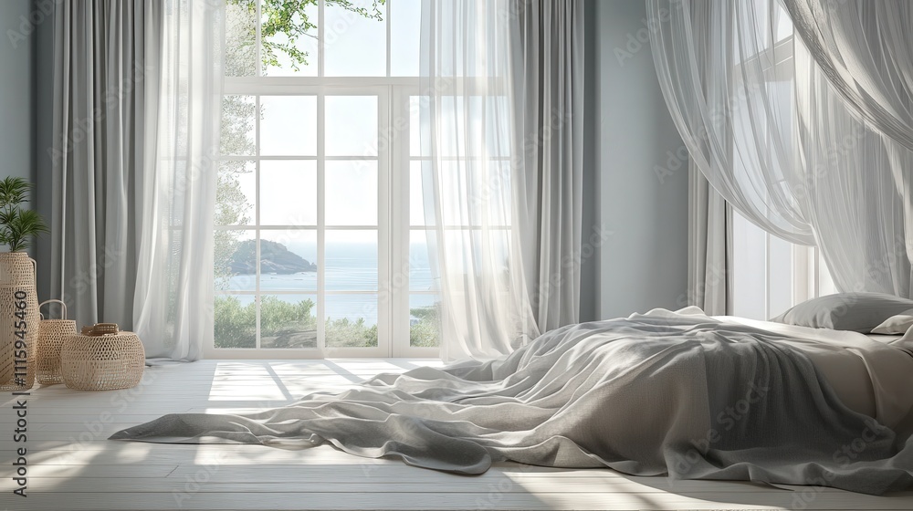 Poster light, breezy curtains in a soft gray color, flowing gently in the wind by an open window, creating 