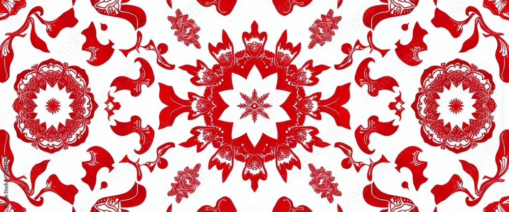 Aufkleber a red and white patterned background with a red flower in the center. the flower is surrounded by a 