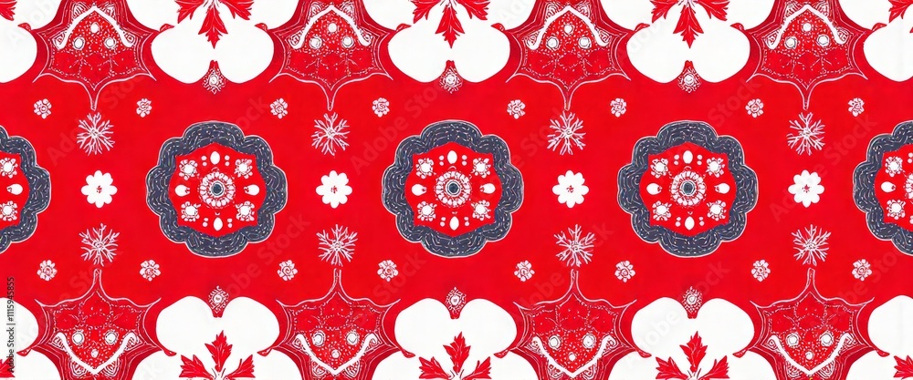 Poster a red and white patterned background with a red flower in the center. the flower is surrounded by a 