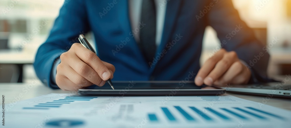 Poster business professional analyzing data on tablet with graphs