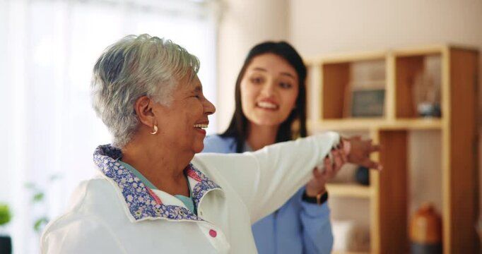 Senior woman, nurse or physiotherapist with patient for stretching, exercise or physical activity at home. Elderly, female person and caregiver helping client for mobility or flexibility at house