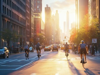 Sunset city street, cyclists ride past cars.