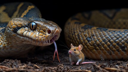 Obraz premium In a dramatic moment of survival, a small mouse stands still in the forest floor, facing a striking snake that flicks its tongue in the air, symbolizing the delicate balance of nature during twilight
