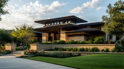 Obraz premium Prairie Style Home with Horizontal Lines and Gardens, Oak Park Estate
