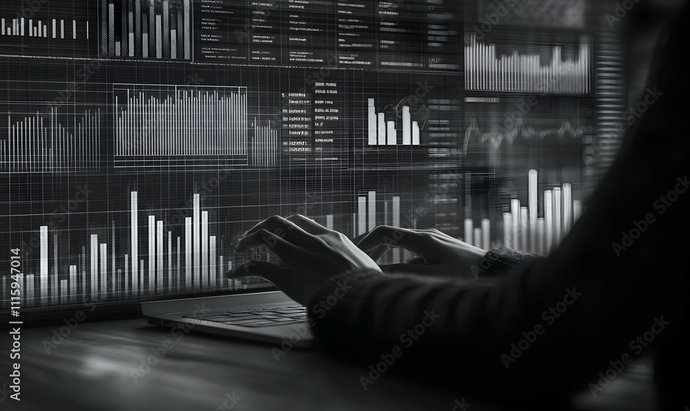 Poster monochrome image of hands working on a laptop displaying various financial graphs and charts. a conc