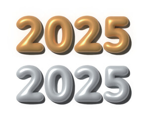 A three-dimensional illustration of the year 2025 with a gold and silver balloon concept.