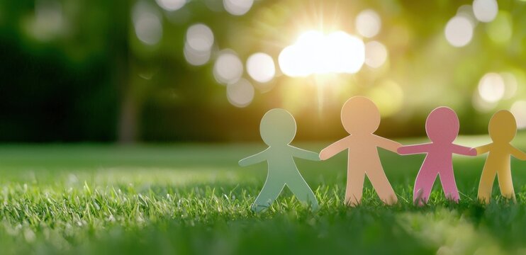 Colorful paper cutout people holding hands on sunlit grass