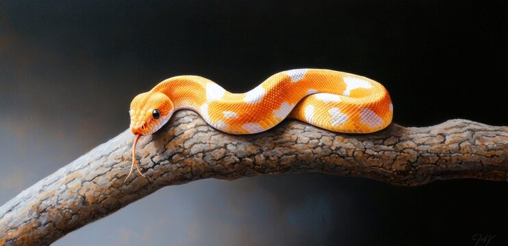 Colorful ball python coiled on a branch against dark background