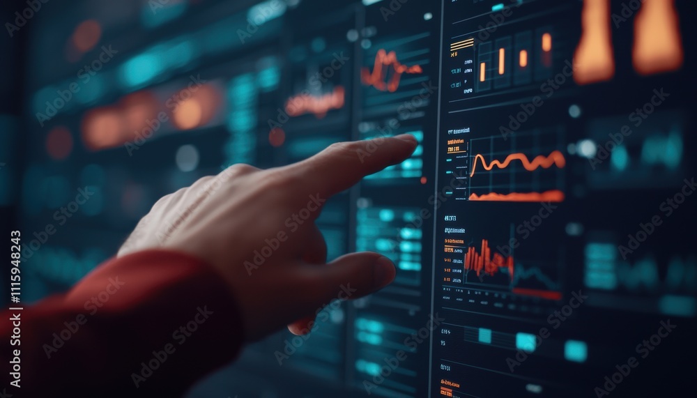 Poster person interacting with digital data visualizations on screen
