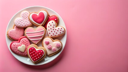 homemade cookies in the shape of hearts on the plate and pink background for valentine