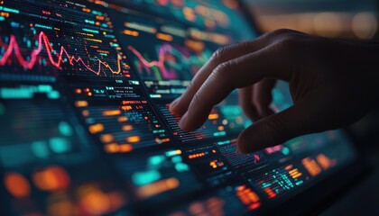 Obraz premium Digital Interface with Hand Interacting on Colorful Data Visualization