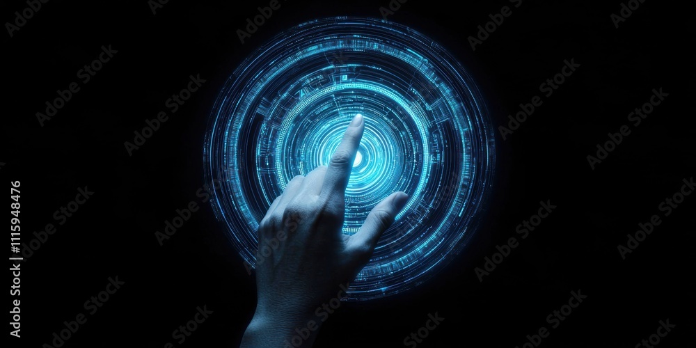 Poster futuristic hand touching circular interface with blue digital patterns