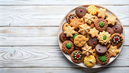 homemade cookies in the shape of  flowers  on the plate and white wooden  background 