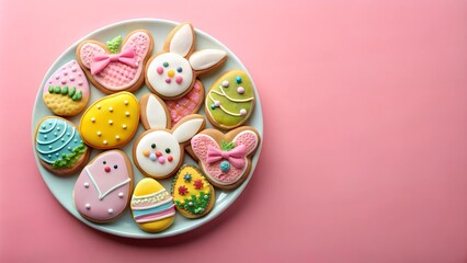 homemade easter cookies in the shape of  eggs and bunnies  on the plate and  pink background 