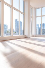 Fototapeta premium Spacious modern apartment interior with large windows and urban cityscape view