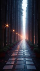 a long pathway that leads to a forest with trees