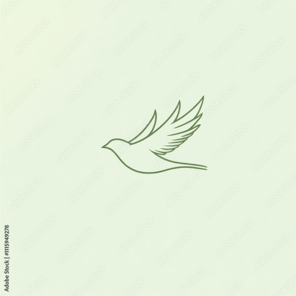 Poster here's a and keyword list for your image.. simple green line art drawing of a bird in flight against