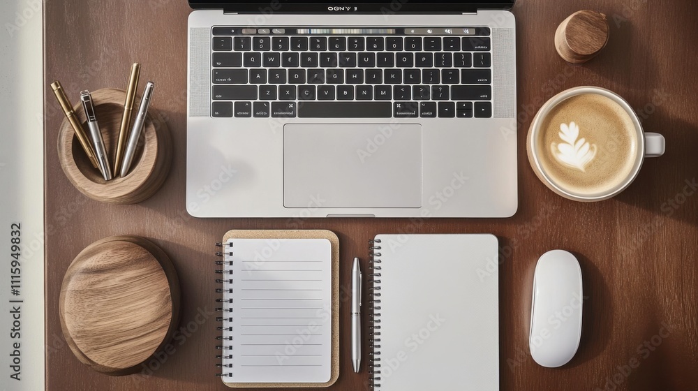Poster top view of workspace on wooden table, consisting of laptop, open notebook with pen, hot coffee and 