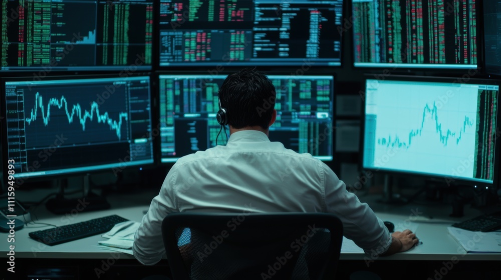 Poster male trader analyzing market data on multiple computer screens