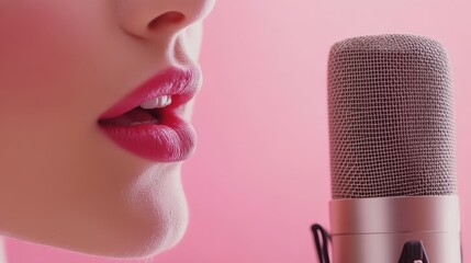 Close-up of female lips near a professional recording microphone on a pink background. Audio production, voice recording, and studio concept with focus on lips and mic