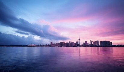 Obraz premium ethereal starlit city at sunset pink reflections