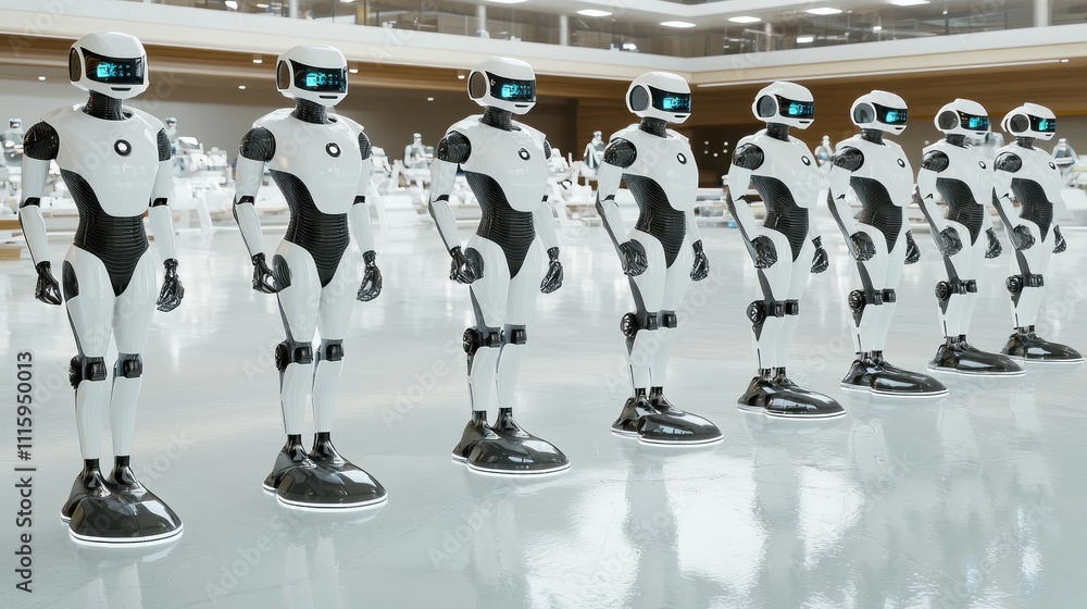 Aufkleber a row of futuristic robots standing in a modern building