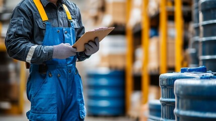 Inside a bustling industrial warehouse, a focused worker dressed in a blue jumpsuit holds a clipboard, meticulously checking inventory against blue storage containers