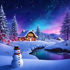 Fototapeta premium Santa and Snowman Celebration, Festive Winter Wonderland, Christmas Eve in the Snowy Village, Magical Christmas Night