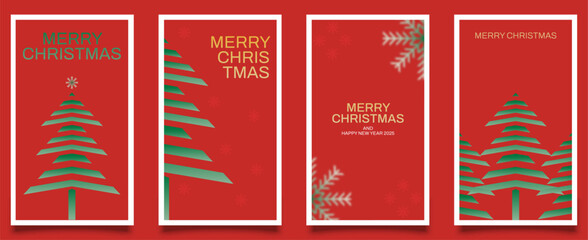 Modern universal artistic templates.Mery Christmas, snowflakes, holly berries and Christmas tree on green and red background, set of Christmas stories social media for your design, winter vector illus