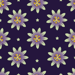 Fototapeta premium Passion Flowers Seamless Pattern. Tropical Passion Flowers on Dark Blue Background with Stars.