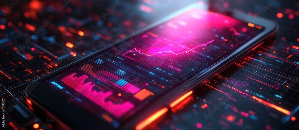 Poster smartphone displaying dynamic stock market data and graphs on a digital background.