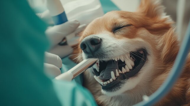 Veterinarian performing gastroscopy on an anesthetized dog in a veterinary clinic, inserting a flexible endoscope probe into the dog's mouth for a medical examination of the digestive system