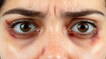 Close-up portrait of a young woman with deep scars on her face, looking directly at the camera, conveying emotions of pain, vulnerability, and resilience in her expression