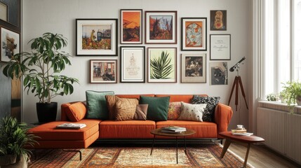 Orange sectional sofa in modern living room with gallery wall, plants, and rug.