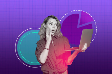 Composite artwork 3D photo collage trend template of shocked young lady staring laptop news hand...