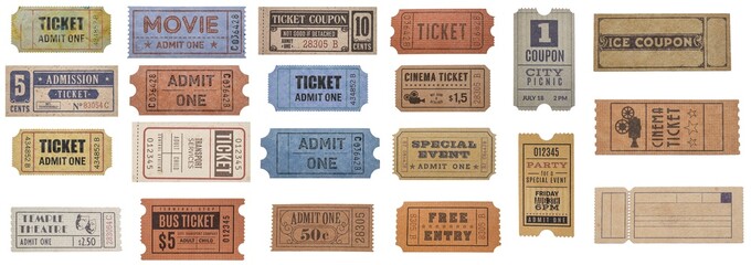 Vintage admission ticket with serial number on white background