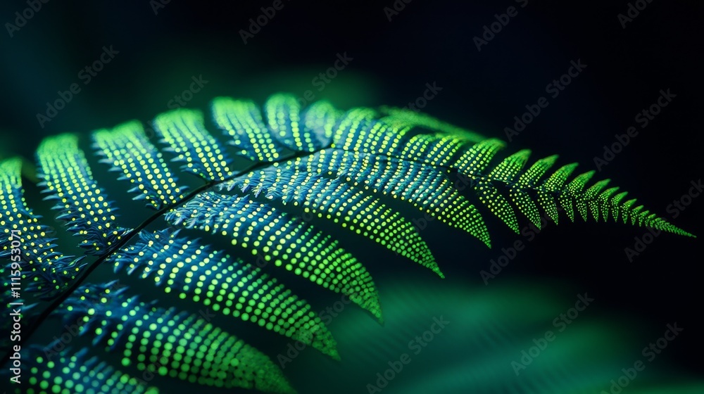 Poster lush green fern leaf with delicate patterns illuminated by soft light in a dark forest background