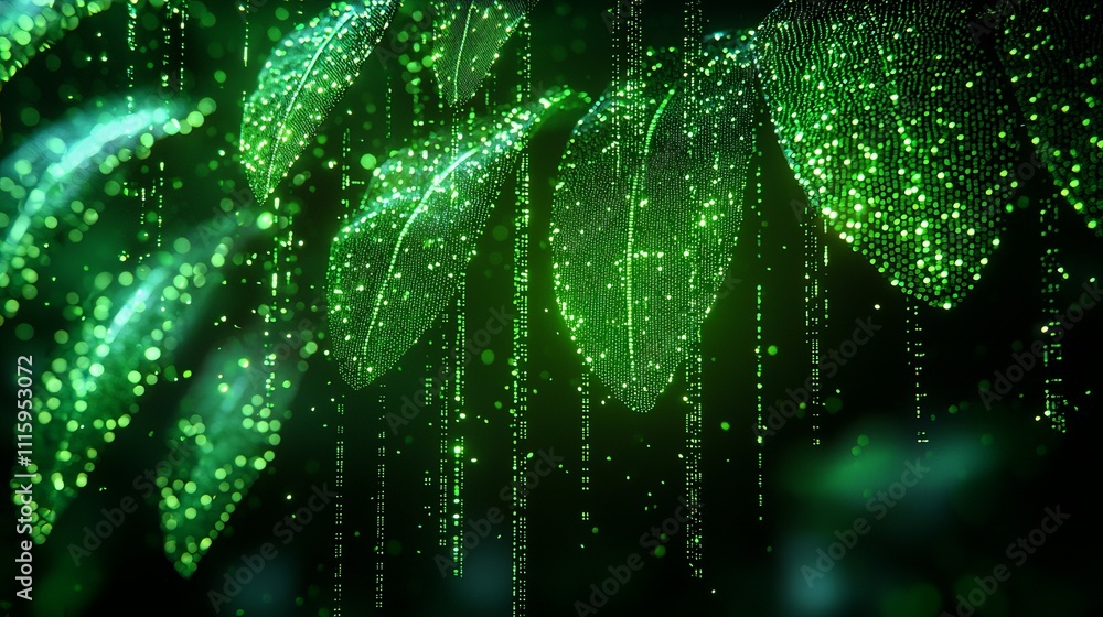 Poster ethereal green leaves with sparkling particles and binary code effect in a dreamy forest background