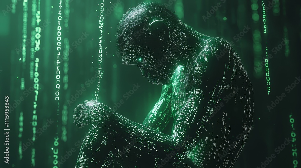 Poster futuristic human figure surrounded by glowing green binary code in dark ethereal environment