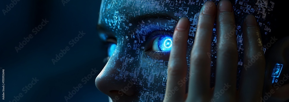 Aufkleber a close-up image of an ai robot's face featuring glowing blue elements.