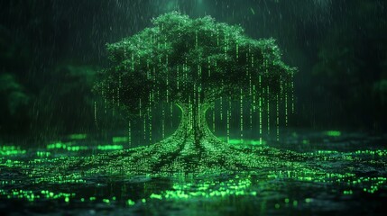 Fototapeta premium Digital Tree with Matrix Code Rain in a Mystical Green Forest Setting, Futuristic Nature Concept Art