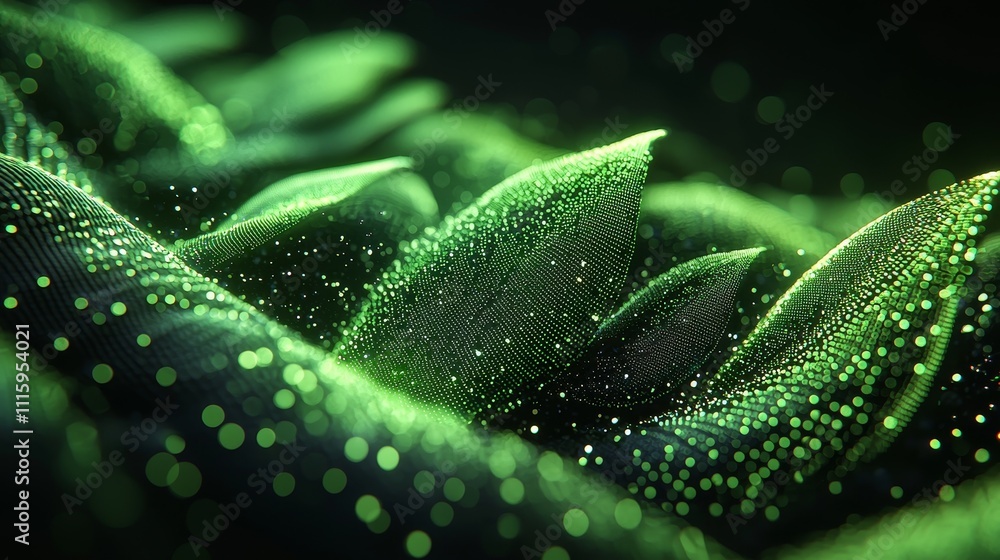 Poster lush green leaves in abstract wave with sparkling particles and soft focus in dark background